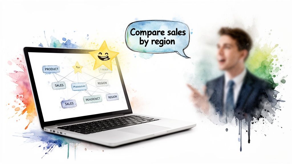 Digital illustration of a star schema data model on a laptop with a cartoon star and a query for sales by region.