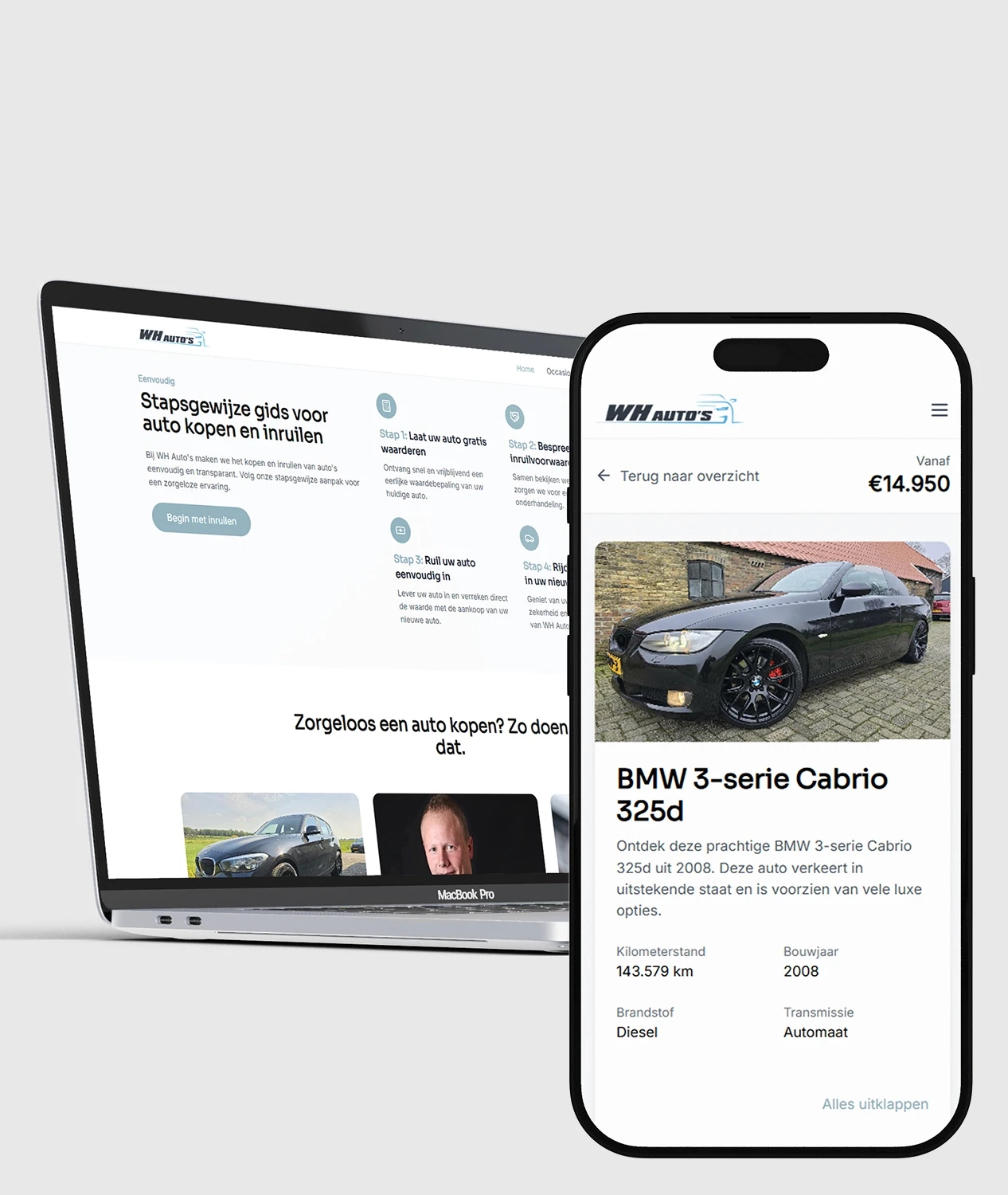 Openstaande laptop met de home pagina van Wh Auto's met hiernaast een mobiele telefoon die een auto advertentie open heeft staan.
