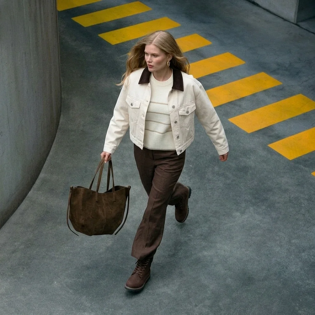 Donna che cammina in un parcheggio con giacca in denim panna, maglione a righe, pantaloni marroni, stivaletti e borsa in suede