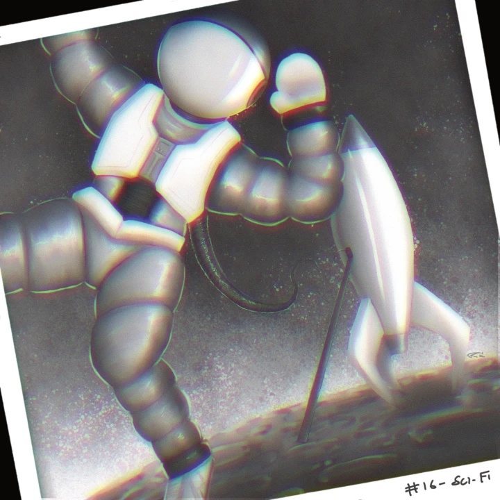 Greyscale painting of a polaroid picture, of a retro astronaut floating in front of their rocket sitting on the moon.