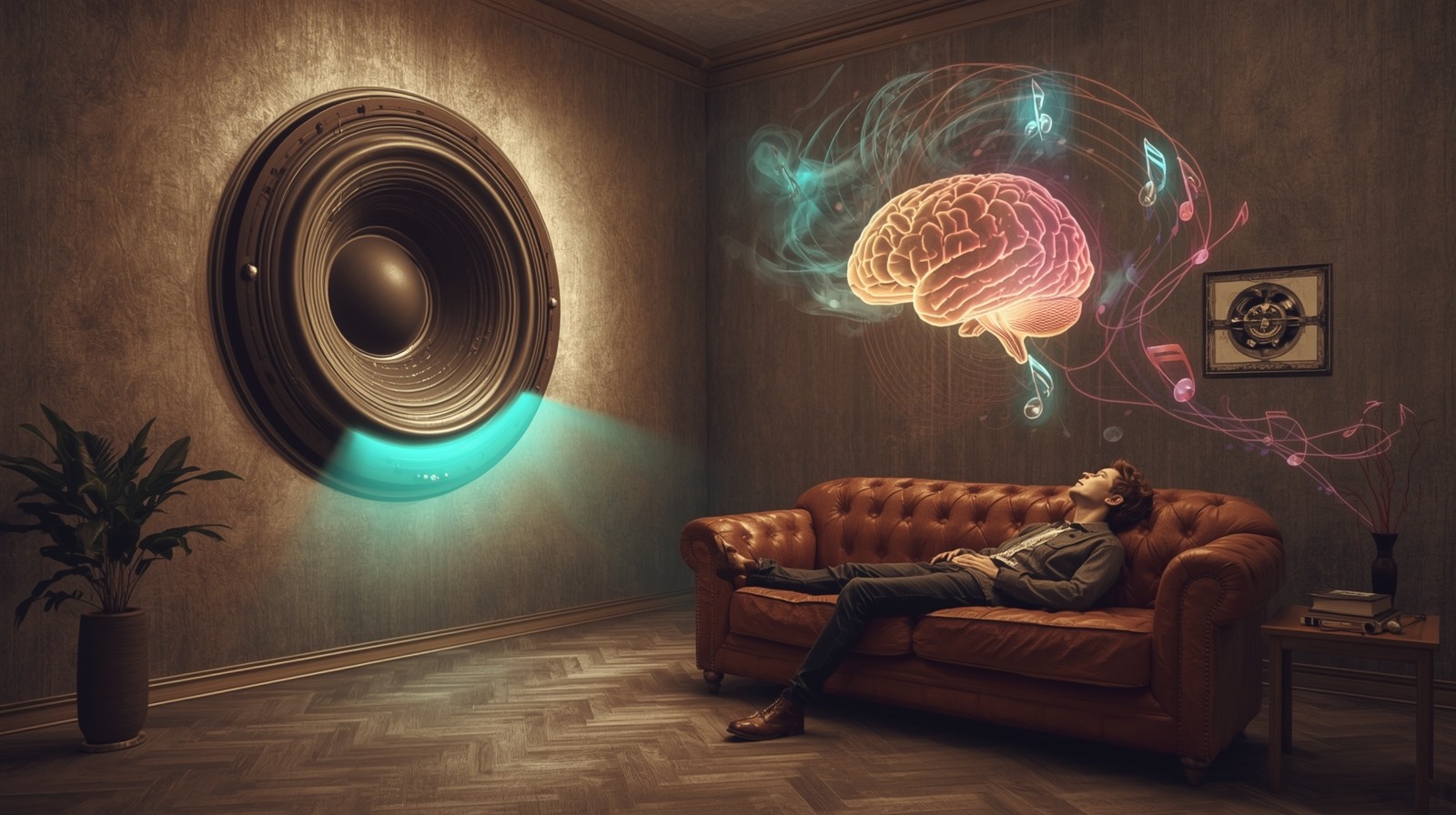 Vintage-surreal living room, stylized person reclining under the glow of a giant sound-wall speaker, floating anatomical brain