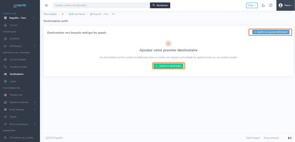 Formulaire de création de destinataire