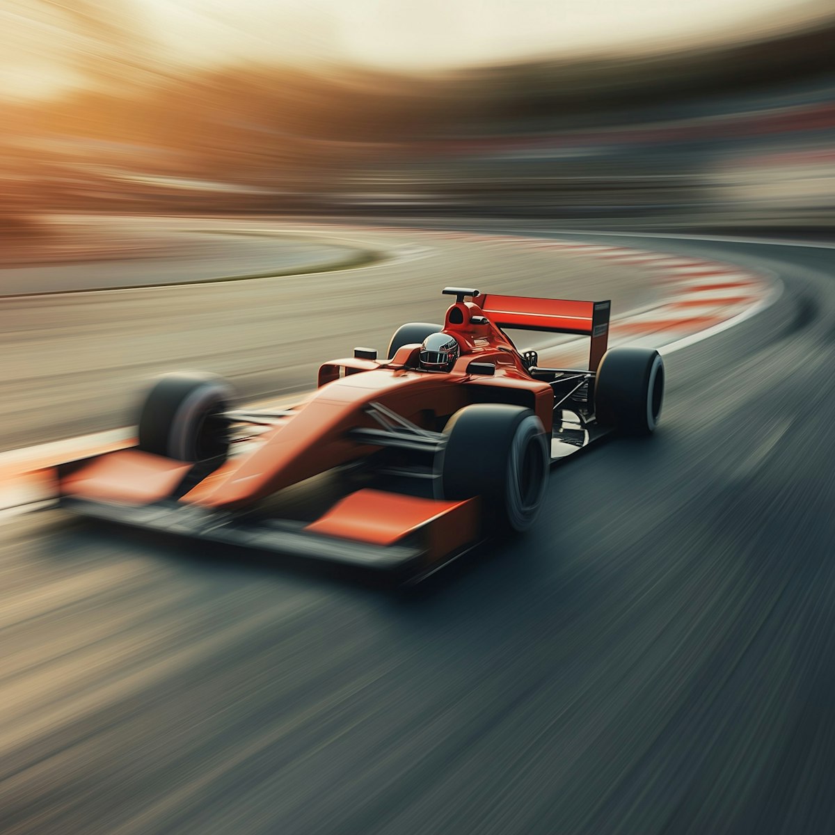 A sleek red race car speeds around a winding track, with motion blur indicating high speed during sunset.