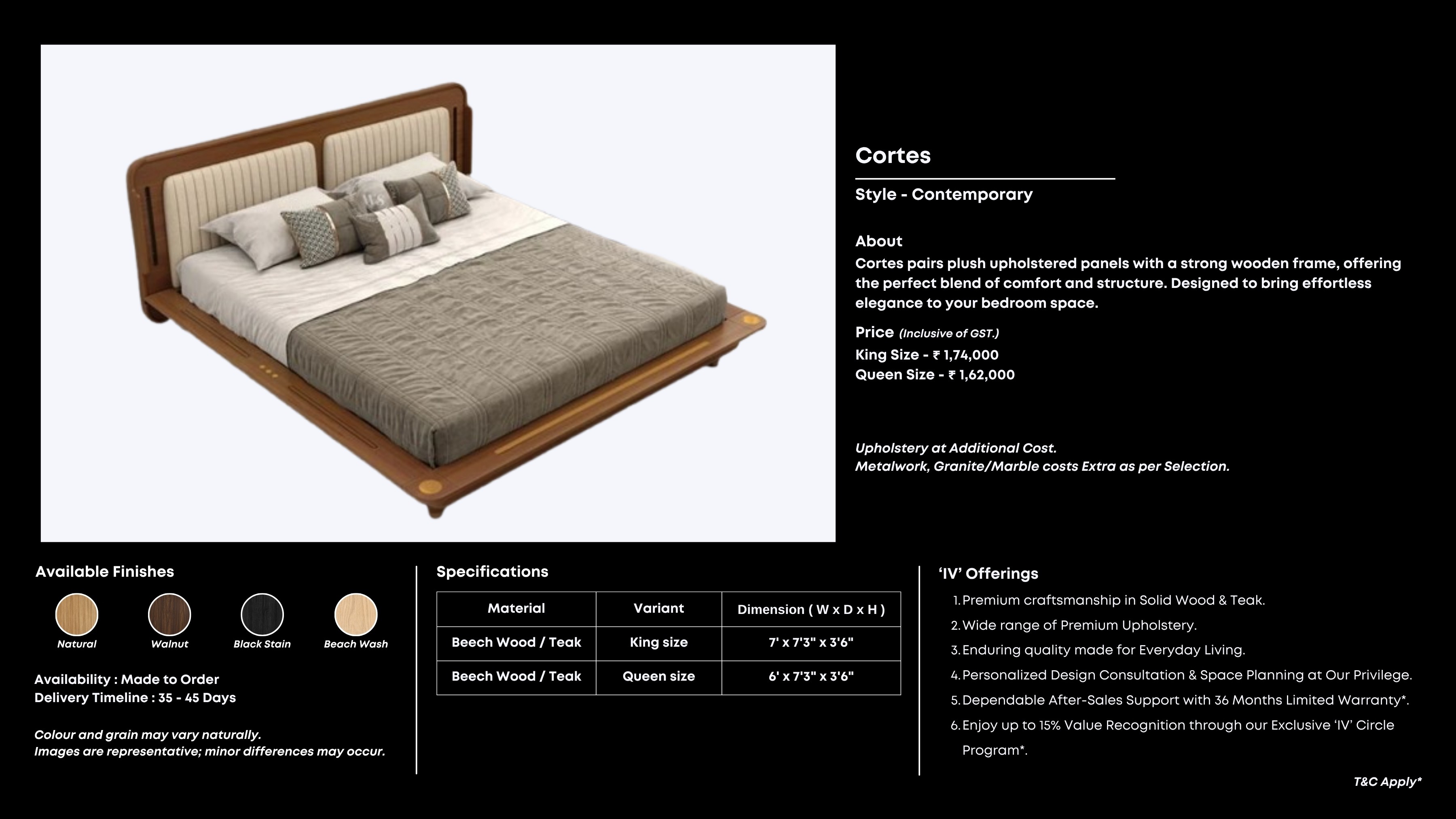 Beige channel-tufted bed with wide wooden headboard.