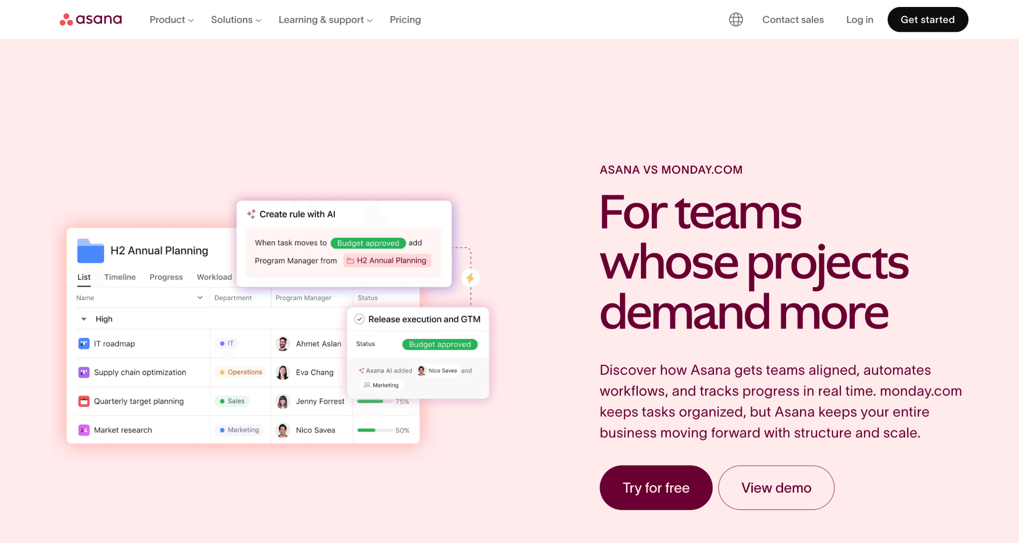 Screenshot of Asana comparison page