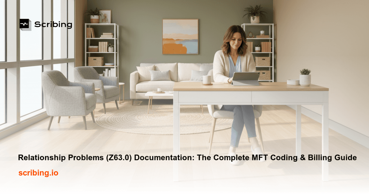 Therapy office with two chairs representing couples counseling for relationship problems documentation and Z63.0 coding