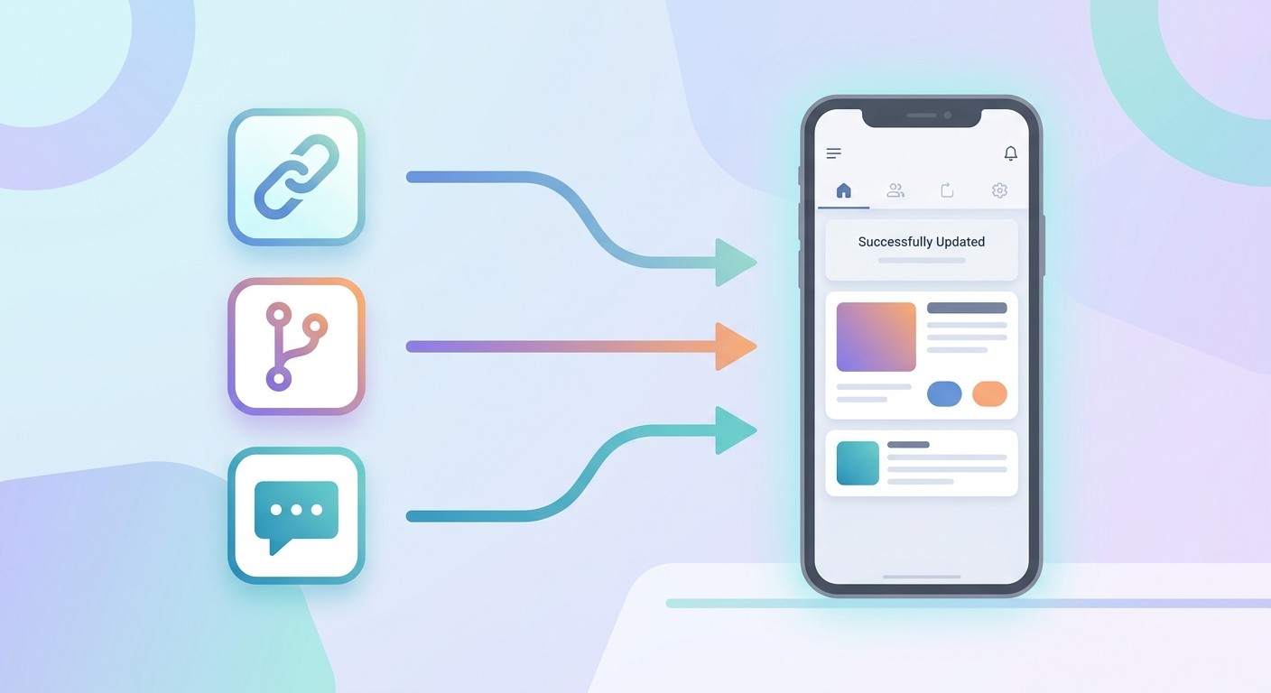 Three input methods, a URL, a code repository, and a plain-language description, converging into one native mobile app