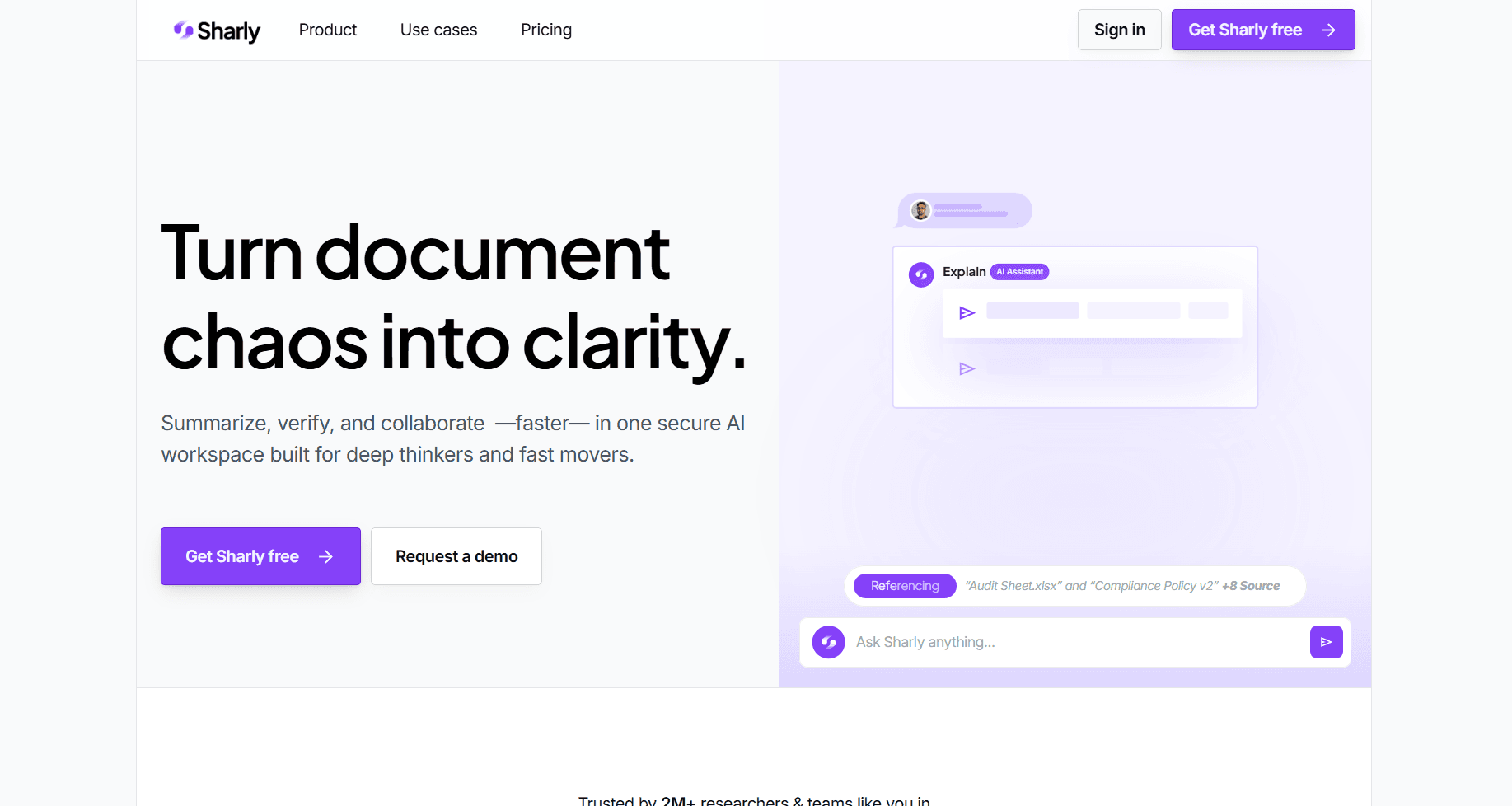 Homepage screenshot of Sharly, an AI document workspace, with the headline “Turn document chaos into clarity” and buttons to get started or request a demo.