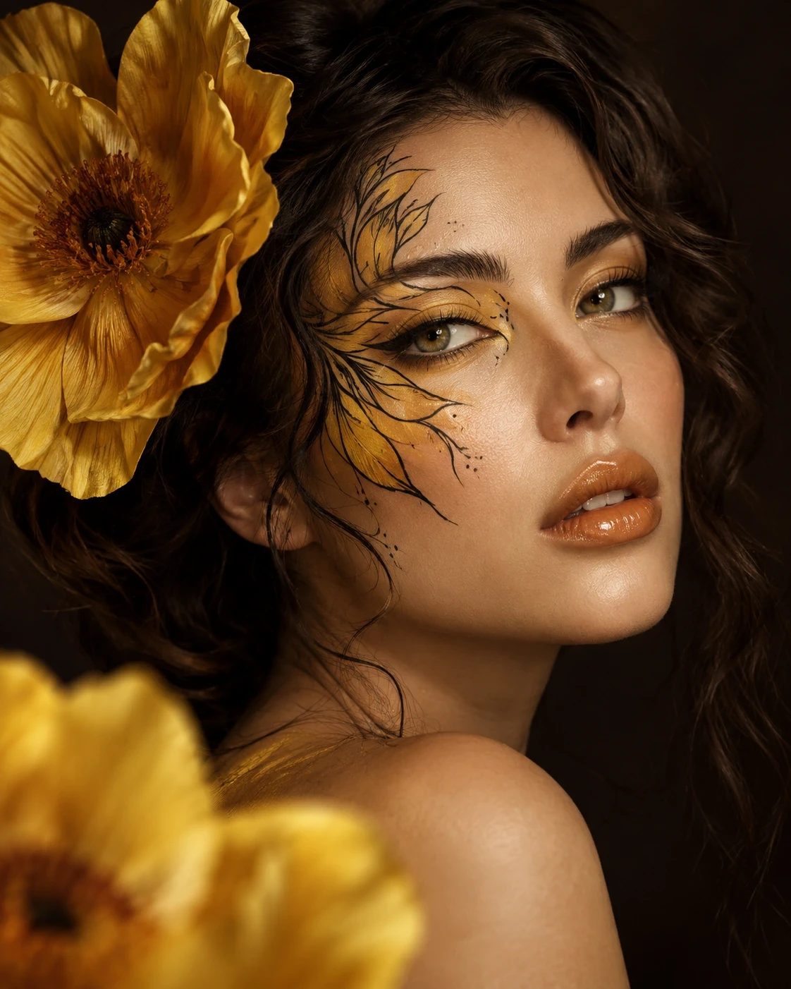 Yellow flowers frame a portrait with fine black botanical lines across the cheek