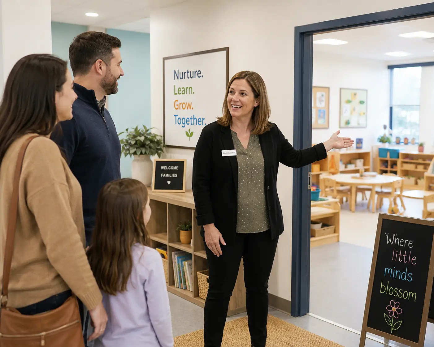 A woman gestures at a doorway in a daycare center with an adult woman, adult man, and a child.