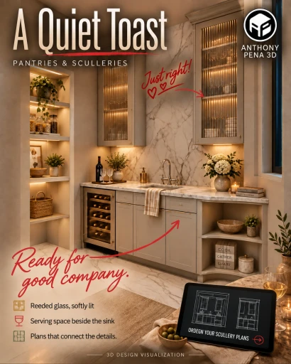 Concept cover of a cream scullery sink wall with illuminated glass-front upper cupboards, a wine cooler and open end shelves.