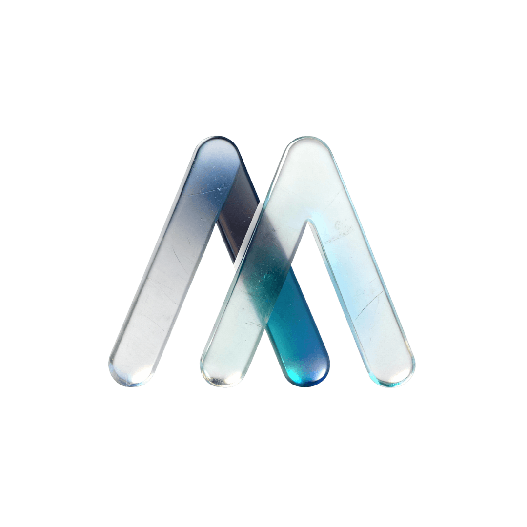 Logo featuring stylized letters "M" in shades of blue and silver on a simple background.