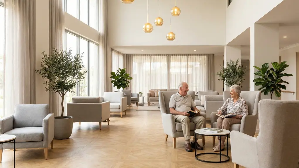 Heller Aufenthaltsraum mit Senioren in Sesseln und Designerleuchten – Servicewohnen