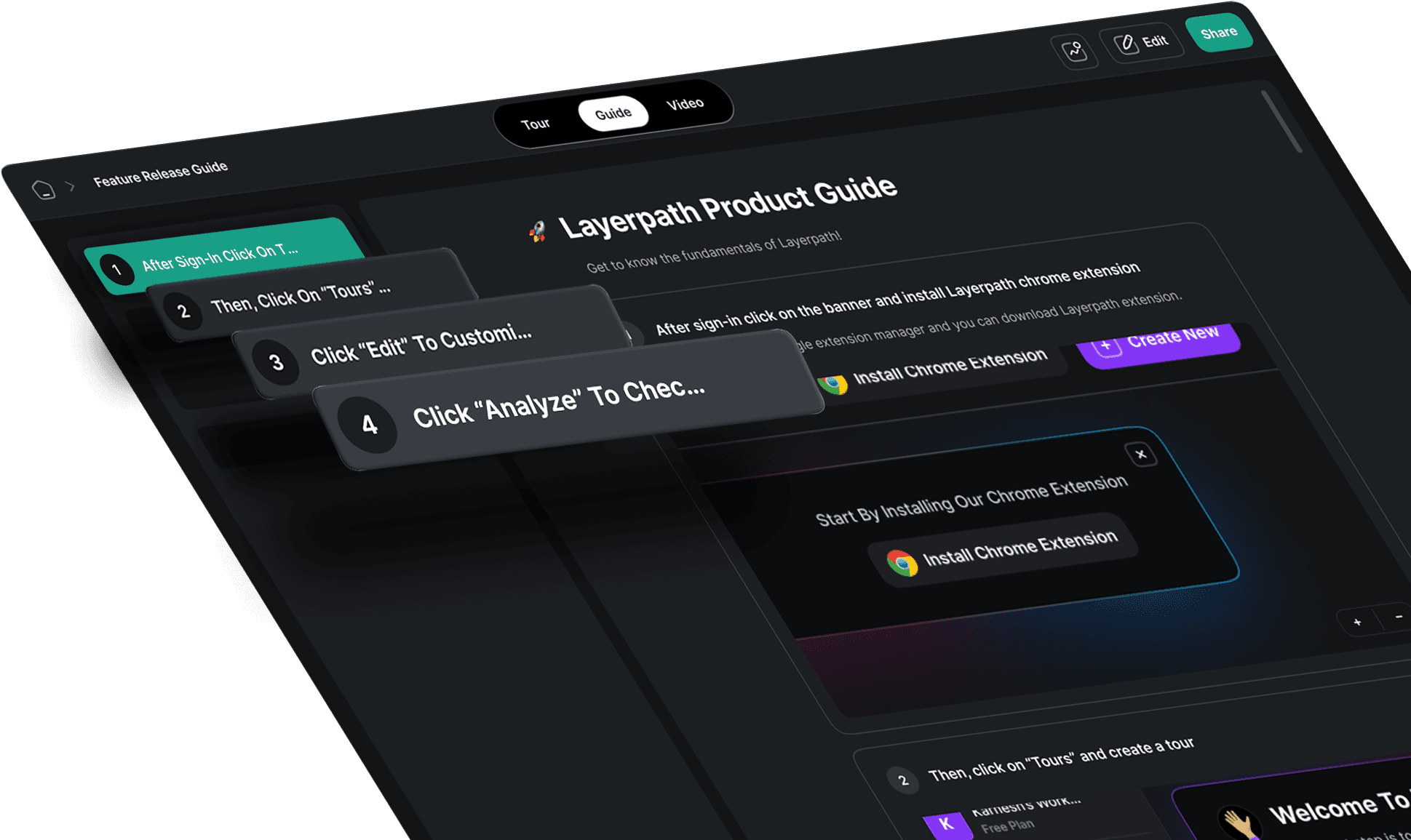 The image shows a sleek, modern user interface design of a product guide application with a dark theme, featuring labeled steps like "Step 1" and interactive buttons for installing a Chrome extension.