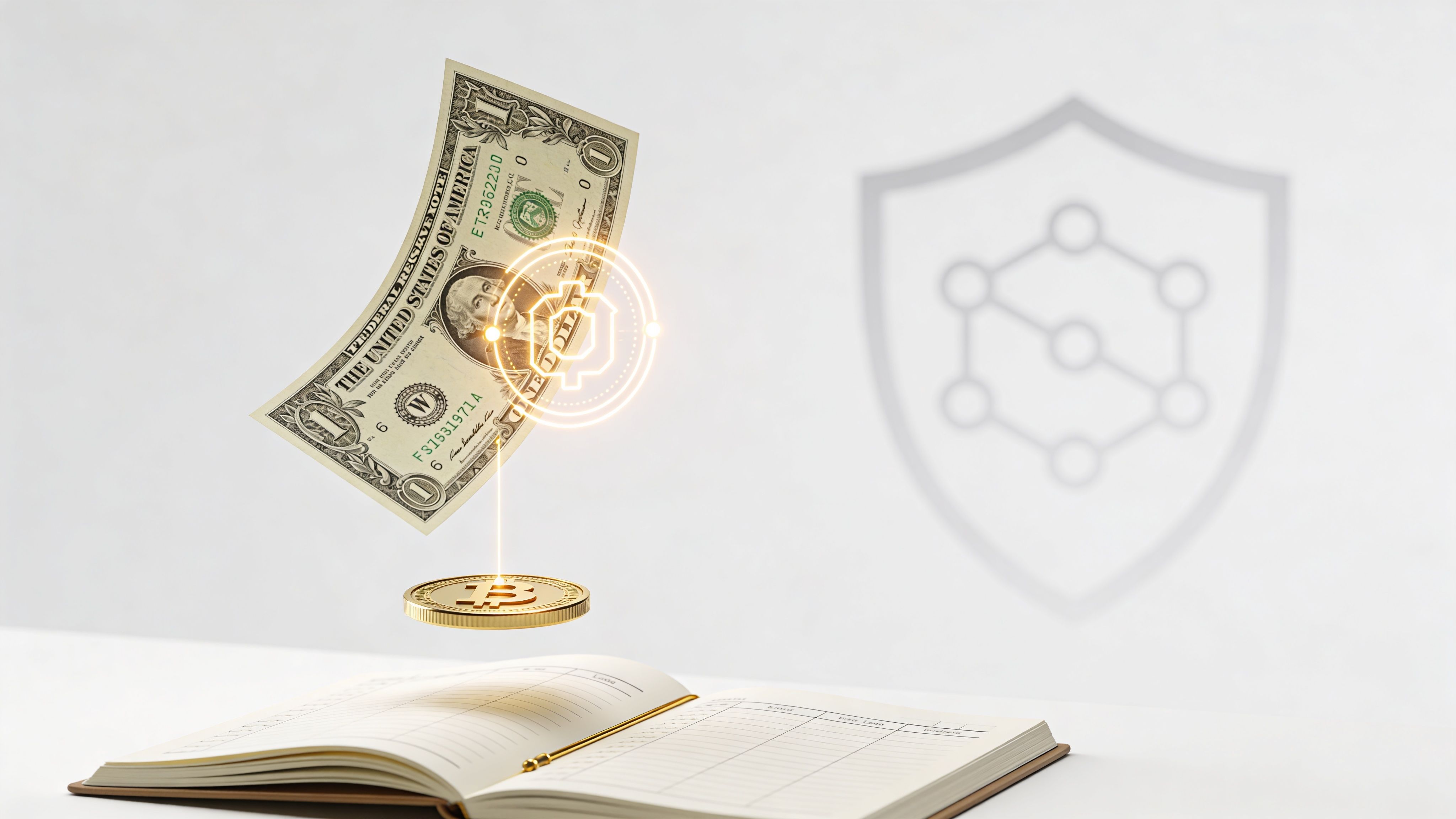A dollar bill and a golden bitcoin coin floating above an open ledger against a shield background.
