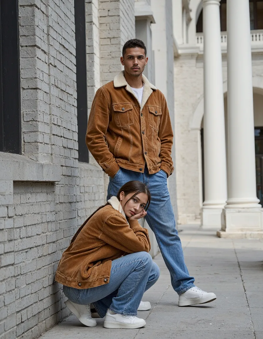Two people in matching tan corduroy jackets and blue jeans posed against white brick wall with classical columns in background