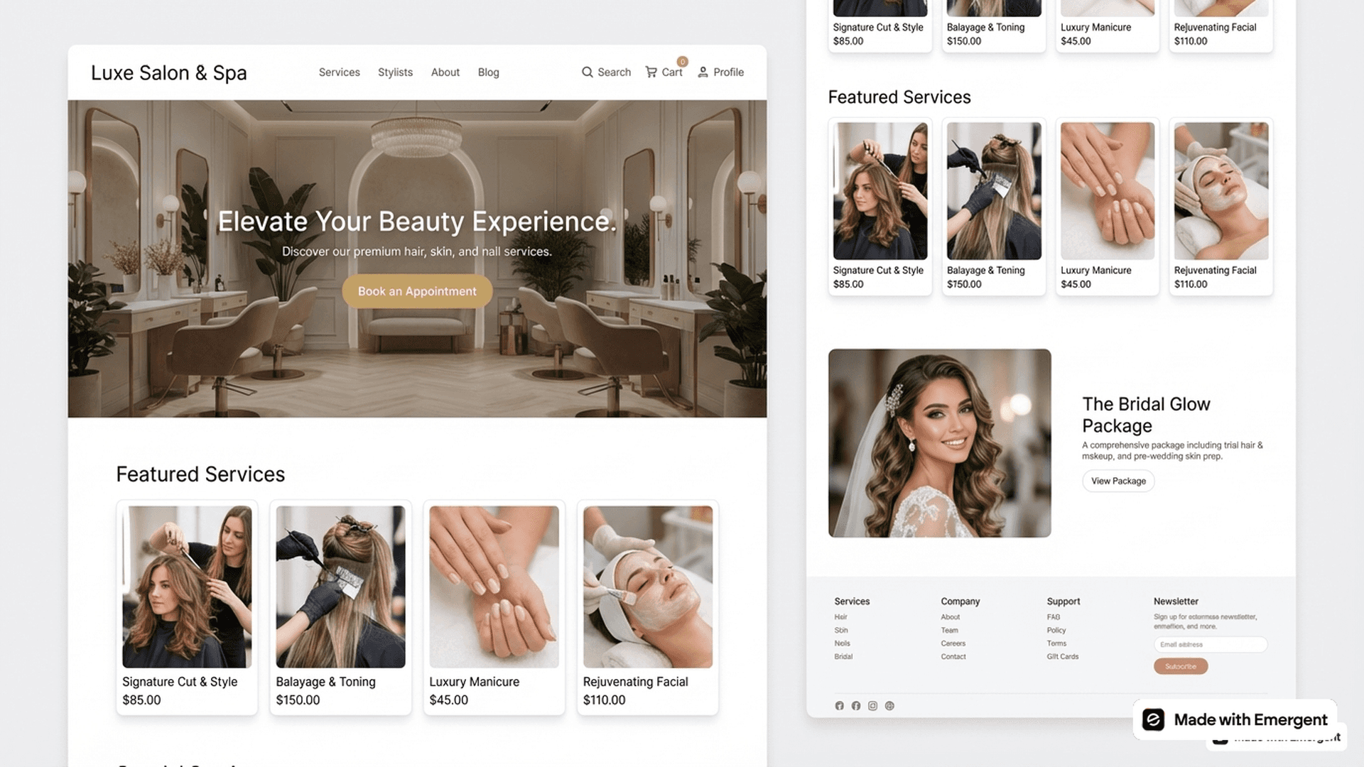 Salon website made with emergent