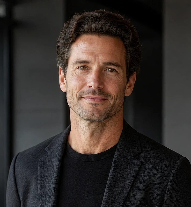 Business headshot of a confident man with wavy dark hair wearing a suit jacket.