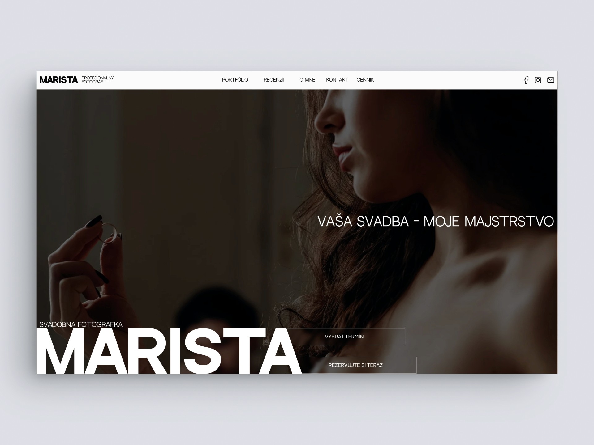 Marista wedding photography website showing a woman holding something with a title that says 'Your Wedding - My Masterpiece'