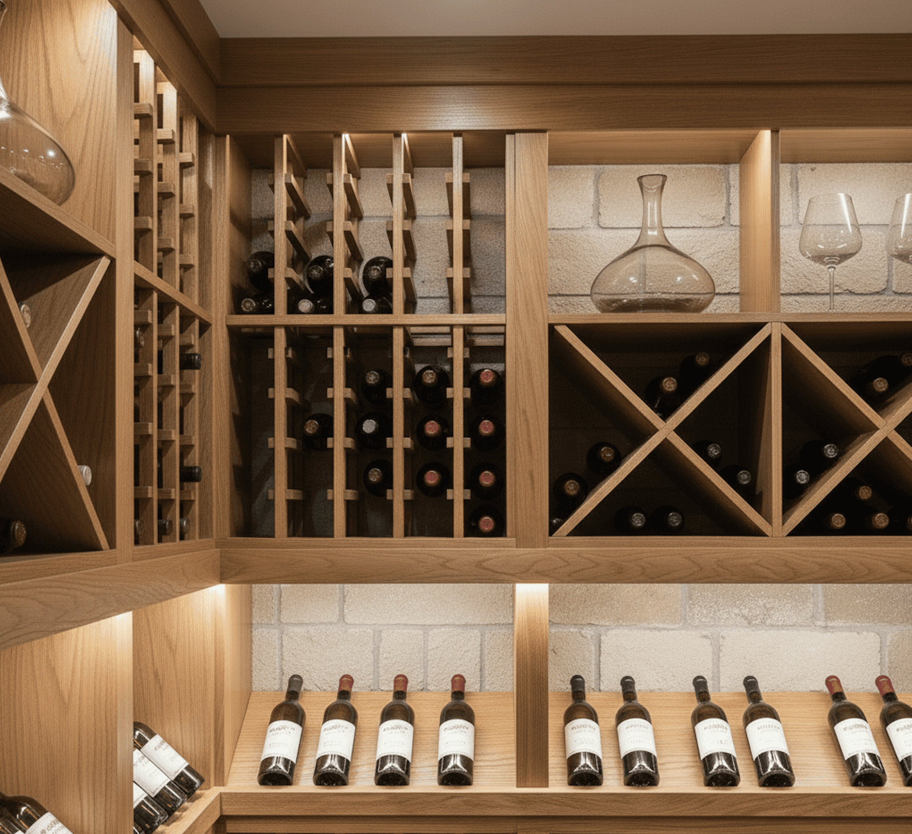 Close-up of white oak wine racks with integrated lighting and limestone walls inside the Lakeway traditional wine cellar by Prestige Wine Cellars.