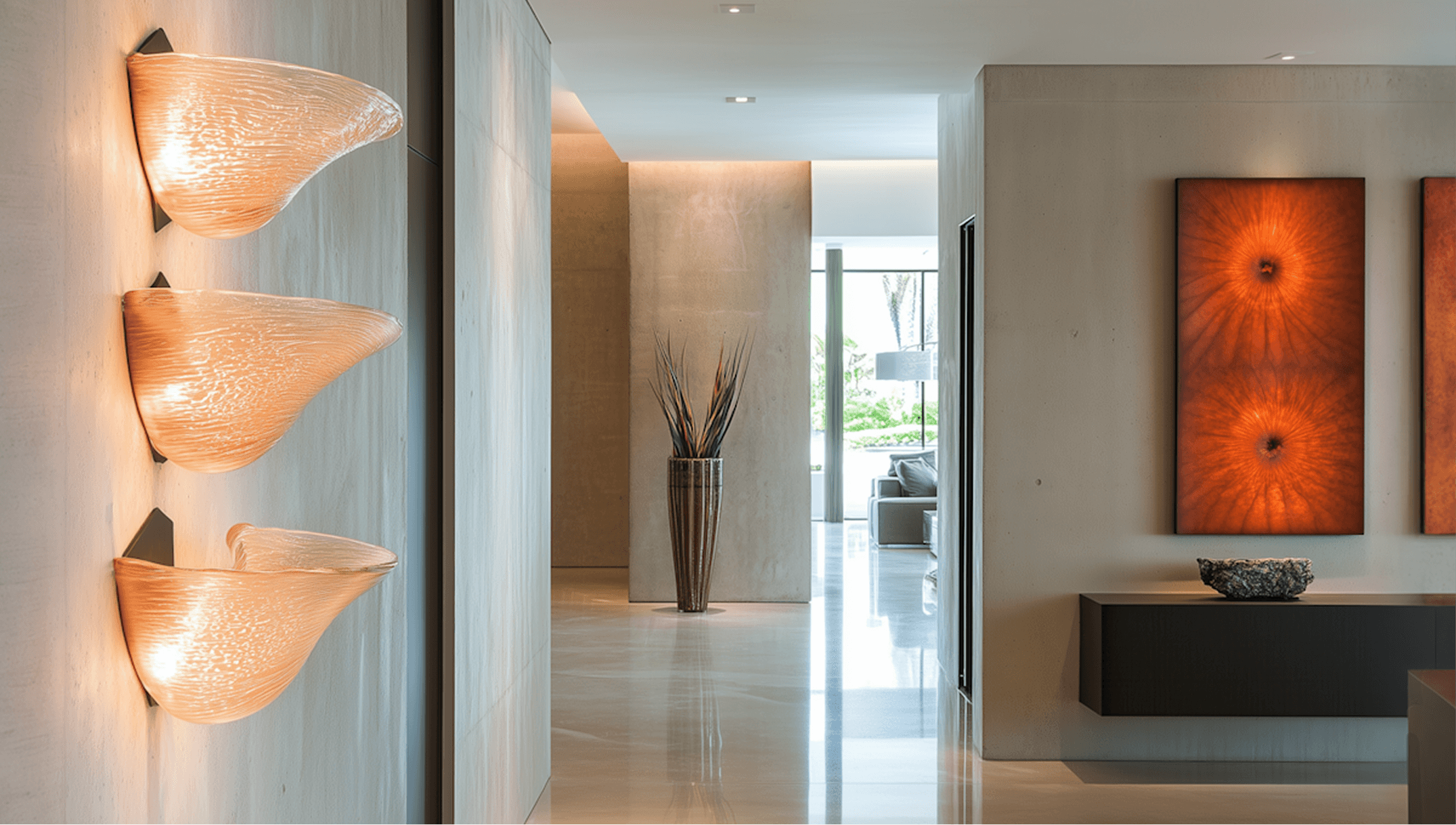 Contemporary corridor with three cone-shaped wall sconces creating warm ambient lighting on light blue walls with minimalist design