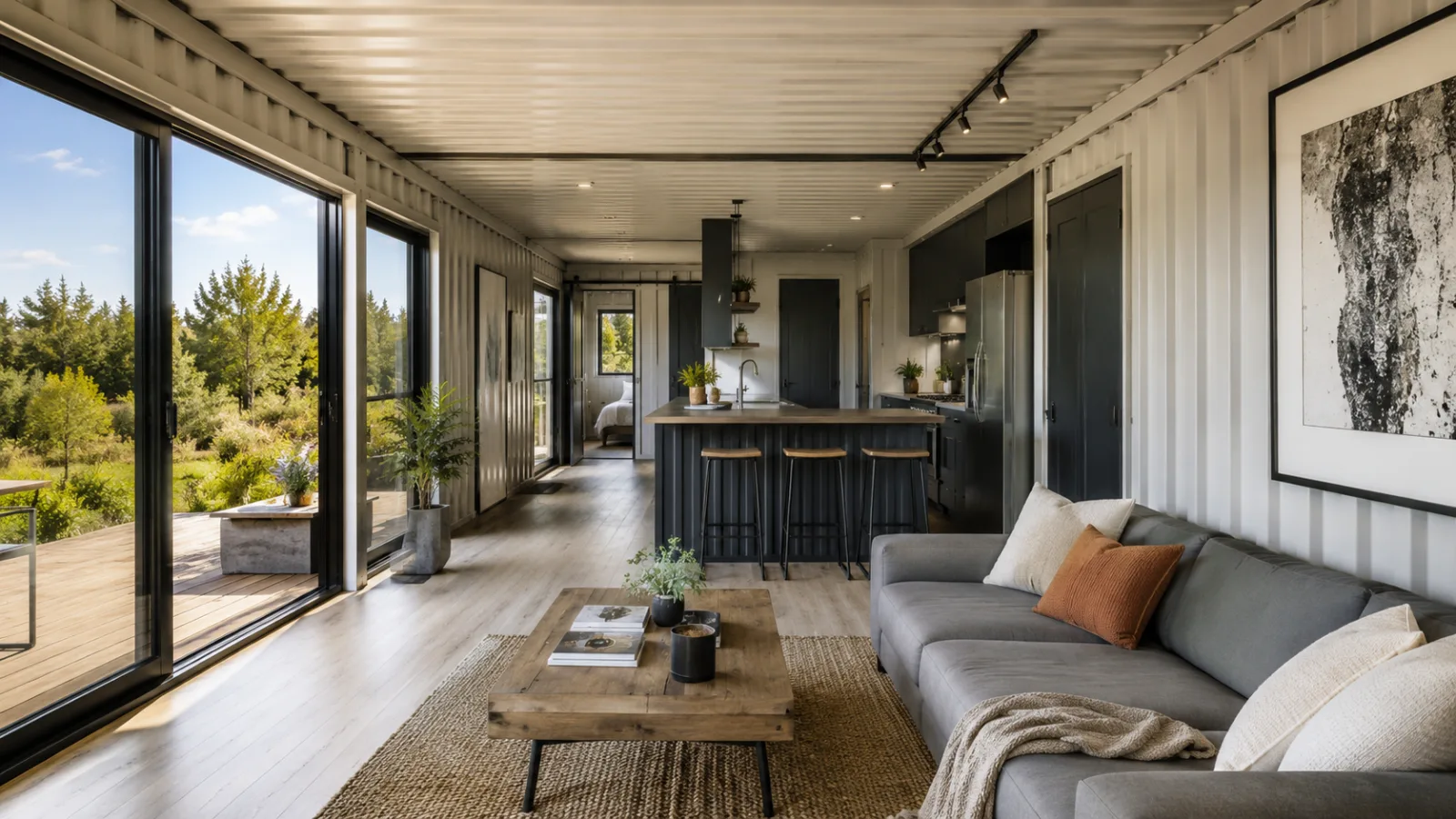 Interior de una casa contenedor con salón, cocina y salida a la terraza