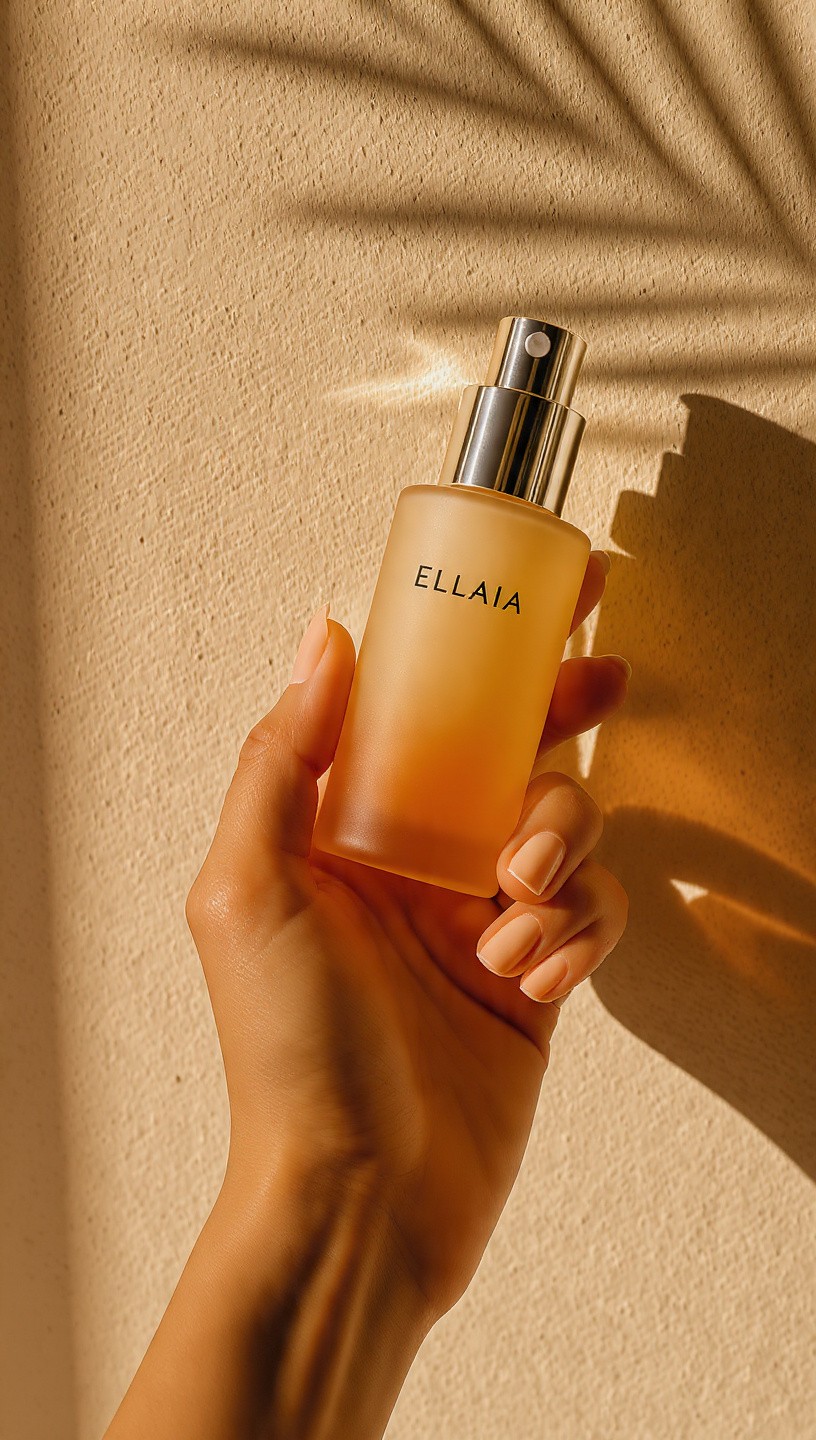 Hand with neutral manicure gently grasping a translucent amber-toned ELLAIA serum bottle with silver spray nozzle, backlit by warm afternoon light filtering through palm leaves, casting soft striped shadows across a neutral textured wall.