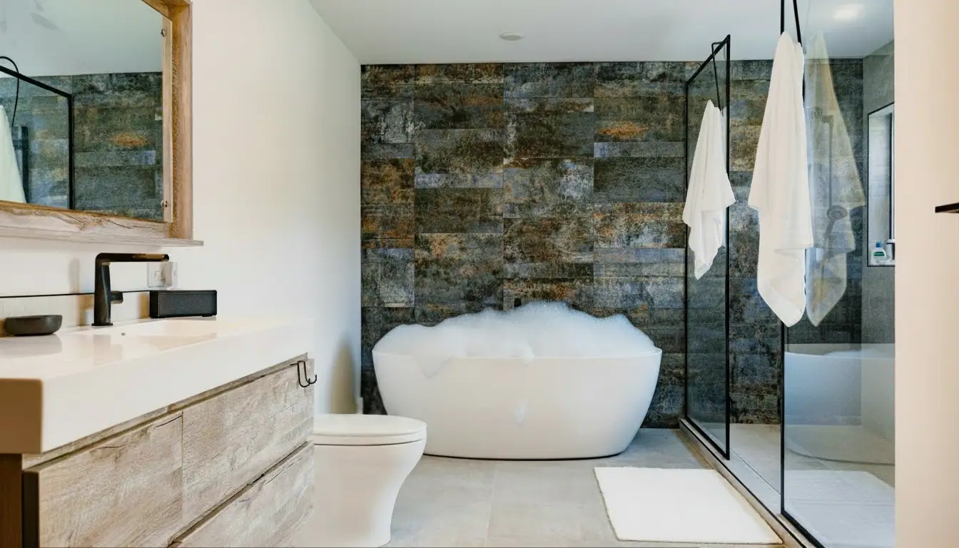 Luxury custom home bathroom interior with freestanding tub, walk in shower, and stone finishes