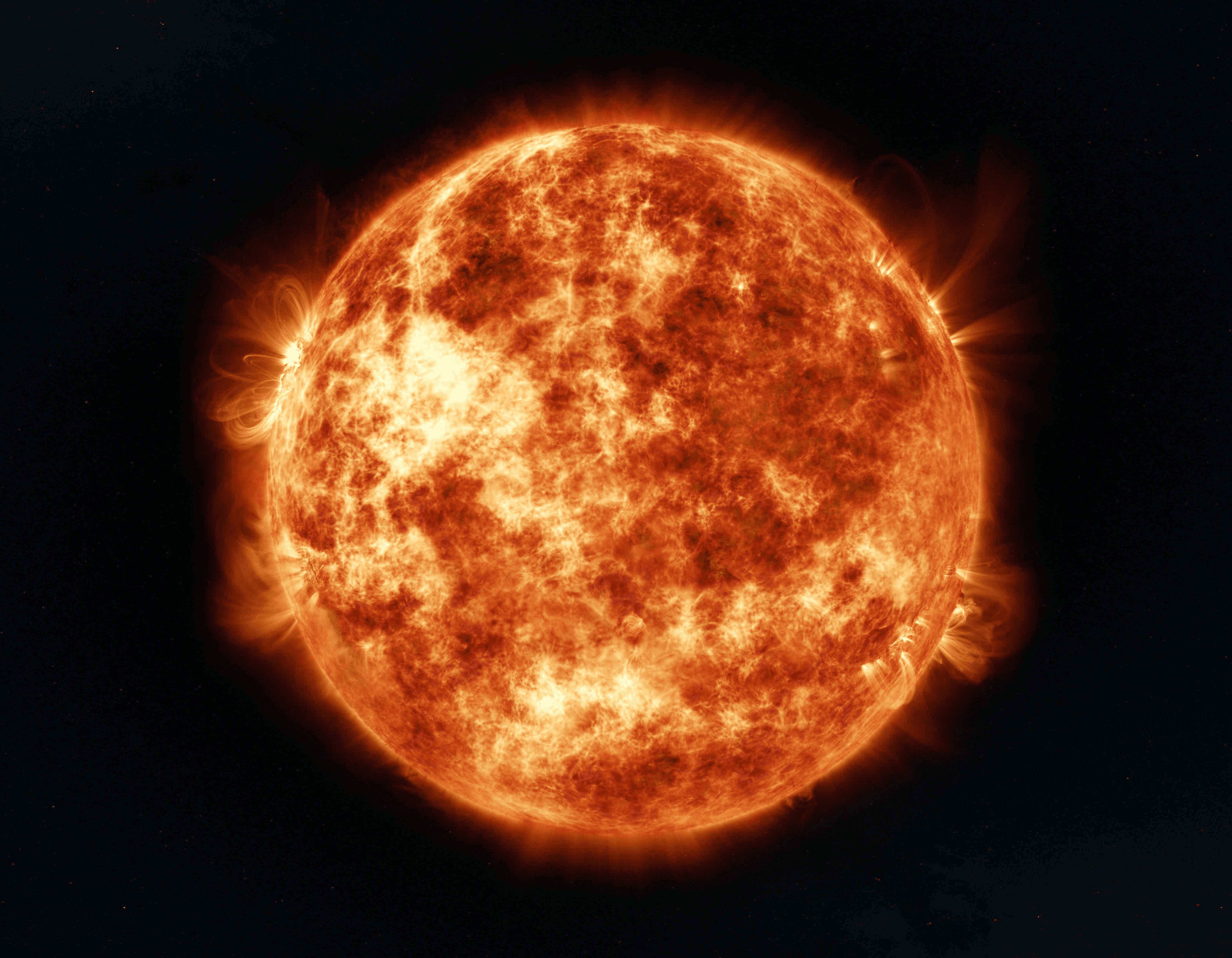 A close up of the Sun with many solar flares