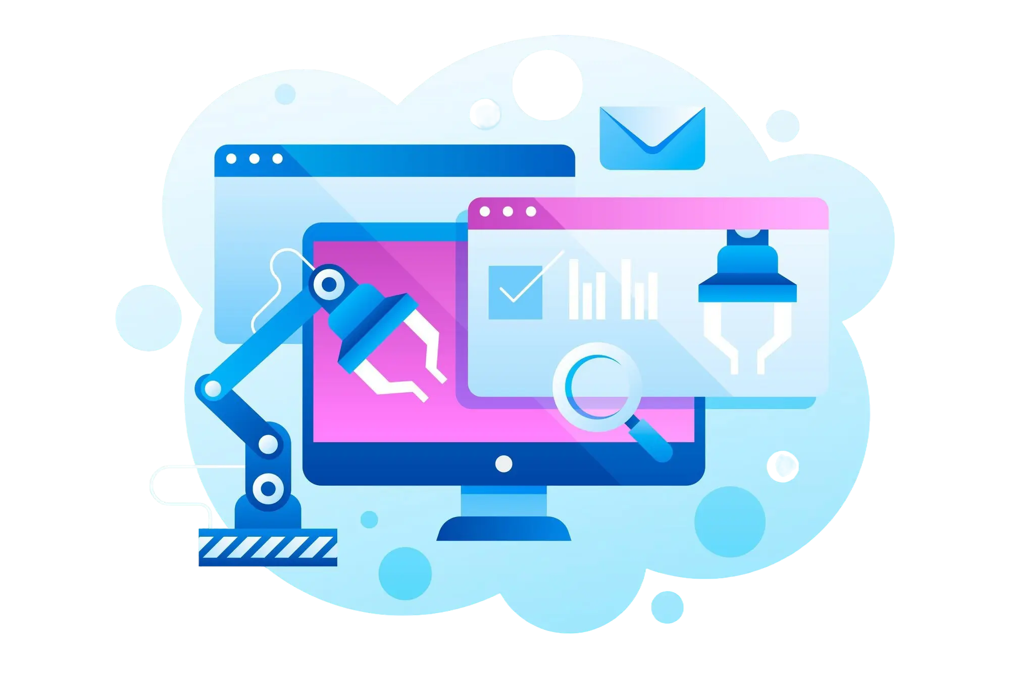 Ilustration montrant des robots et l'automatisation des process pour créer un concept prototype POC no-code