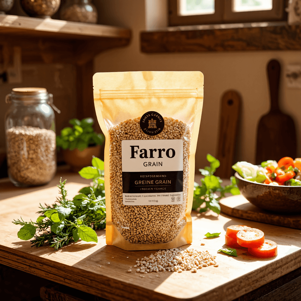 product photography of a pouch of farro grain