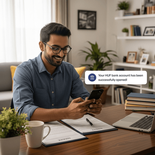 Man smiling while using his phone at a desk, with documents and a laptop nearby, and a notification that says "Your HUF bank account has been successfully opened!"