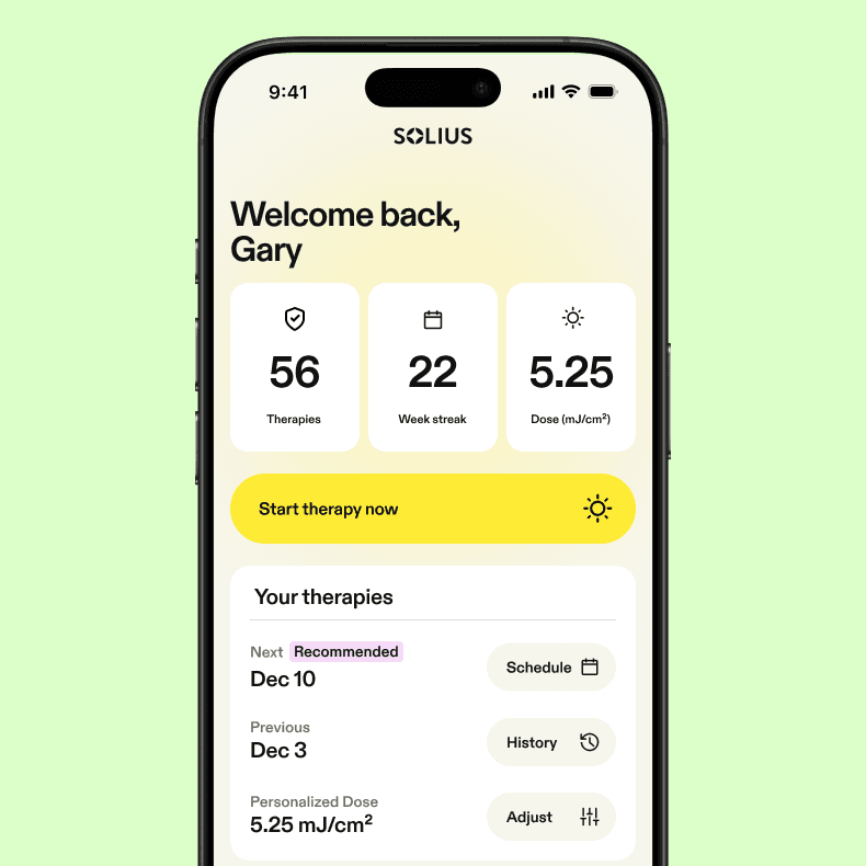 Minimal dashboard card showing therapy details with next recommended date, previous session date, personalized dose, and options to schedule, view history, or adjust settings