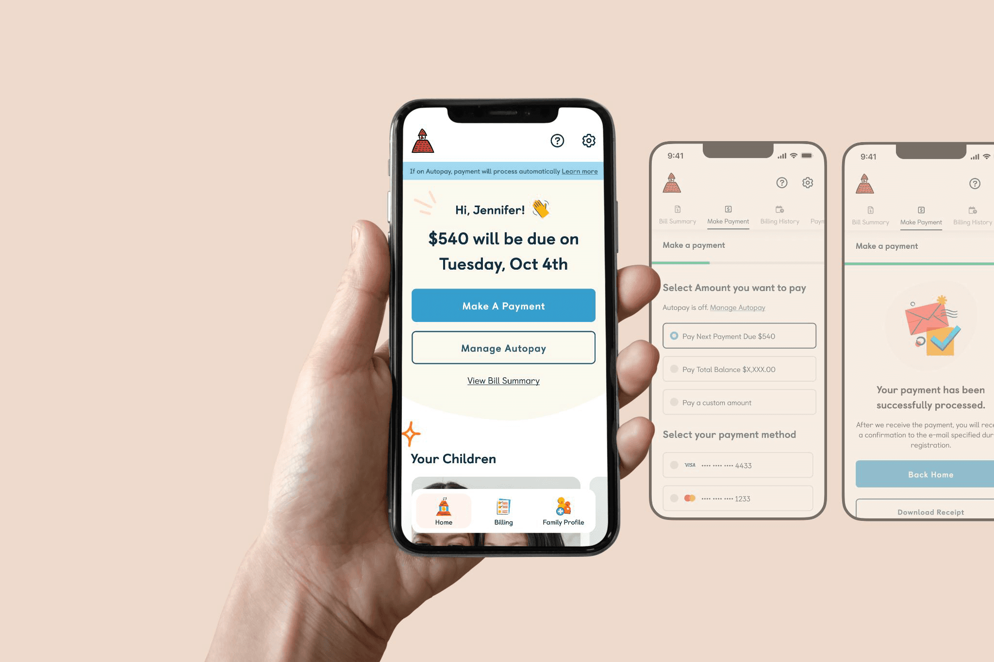 KinderCare mobile app interface showing tuition payment workflow, child activity updates, and center communication features
