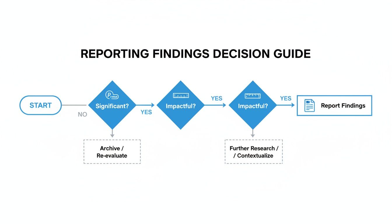 Flowchart titled 'Reporting Findings Decision Guide', outlining steps for research data reporting based on significance and impact.