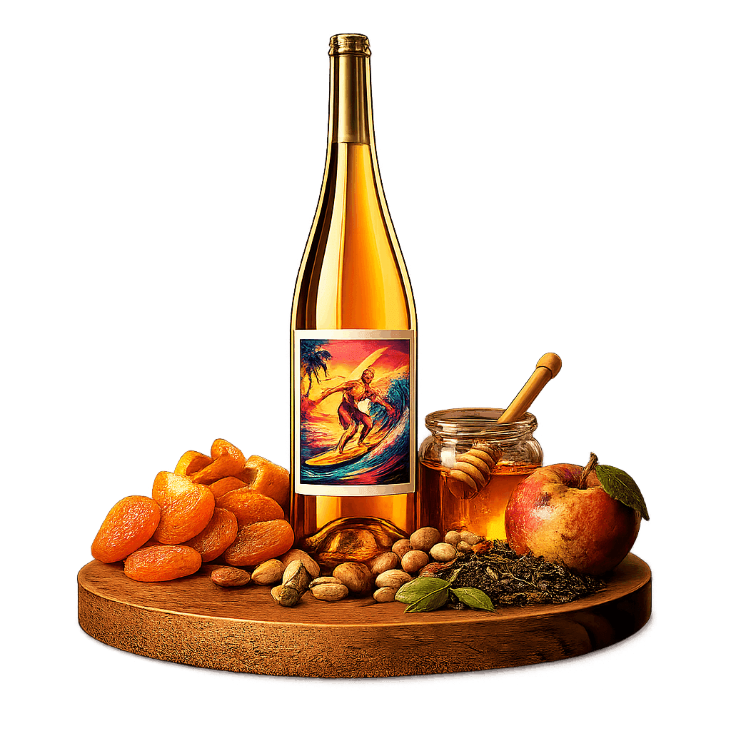 Artistic label and flavor profile for Californian Orange Wine on a rustic wooden table.