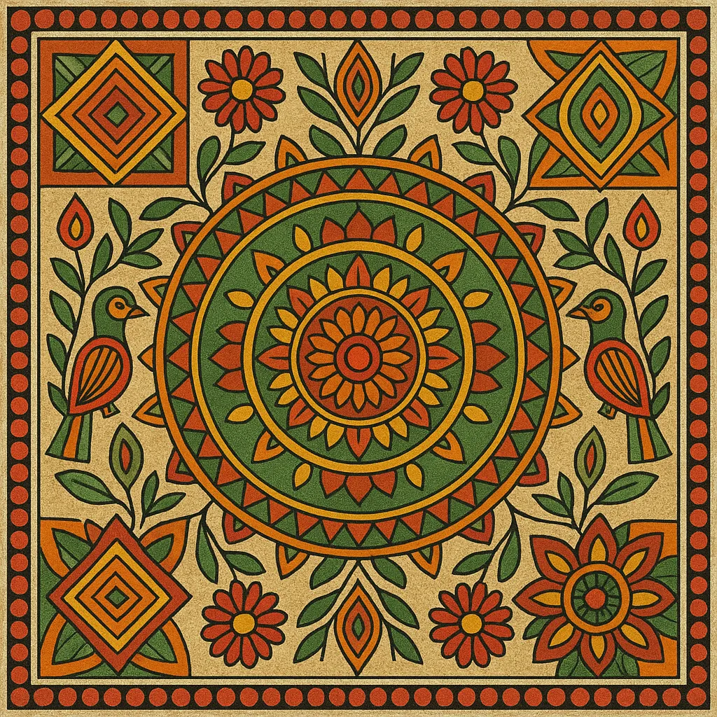 A beautiful abstract mithila painting depicting nature and its hues