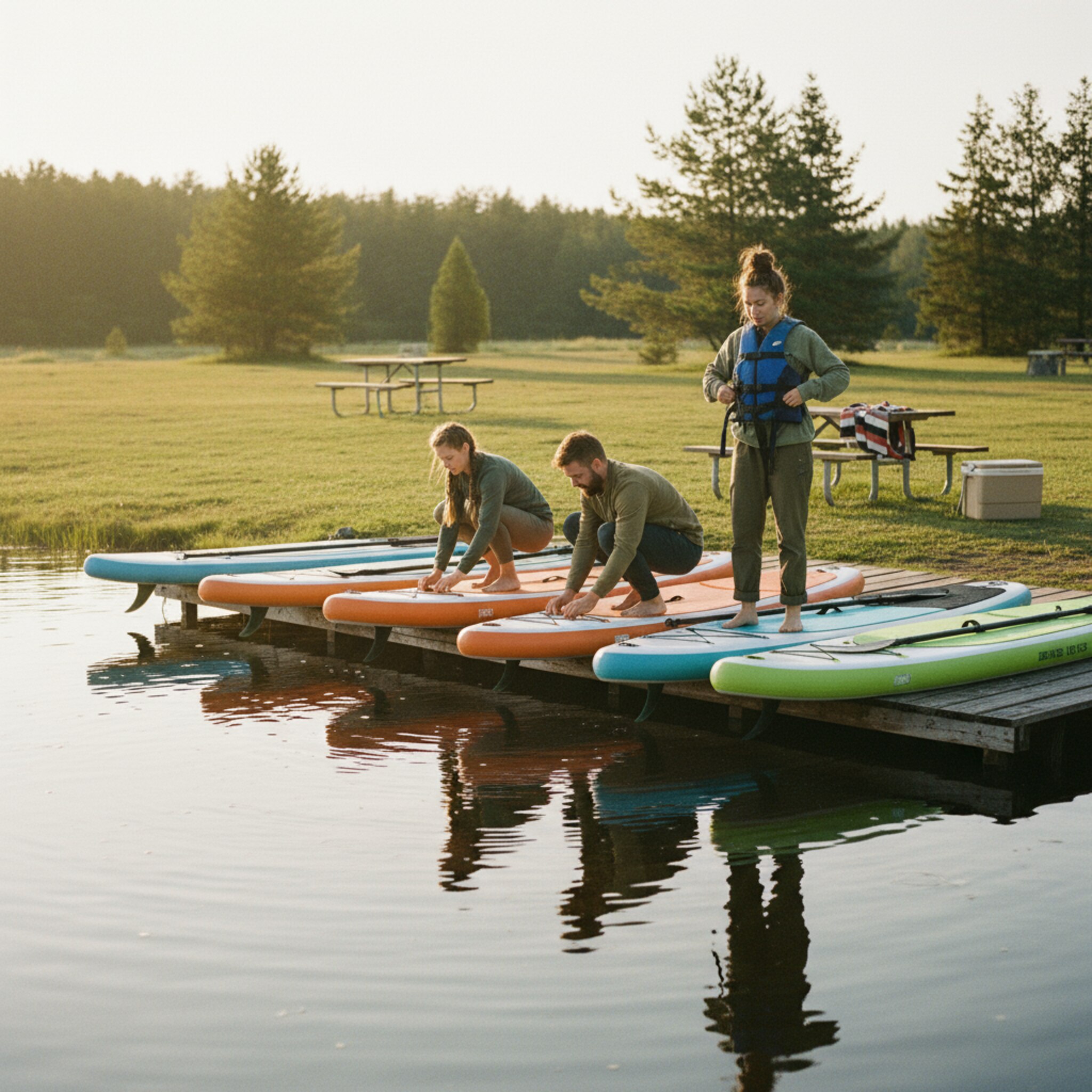 Am Seeufer liegen SUP-Boards an einem Holzsteg bereit, das Wasser ist glatt wie Glas. Zwei Personen befestigen Finnen, eine weitere Person richtet die Schwimmweste. Sonnenreflexe tanzen auf den Brettern, leises Plätschern begleitet die Szene. Im Hintergrund wartet ein offener Bereich mit Picknicktischen.