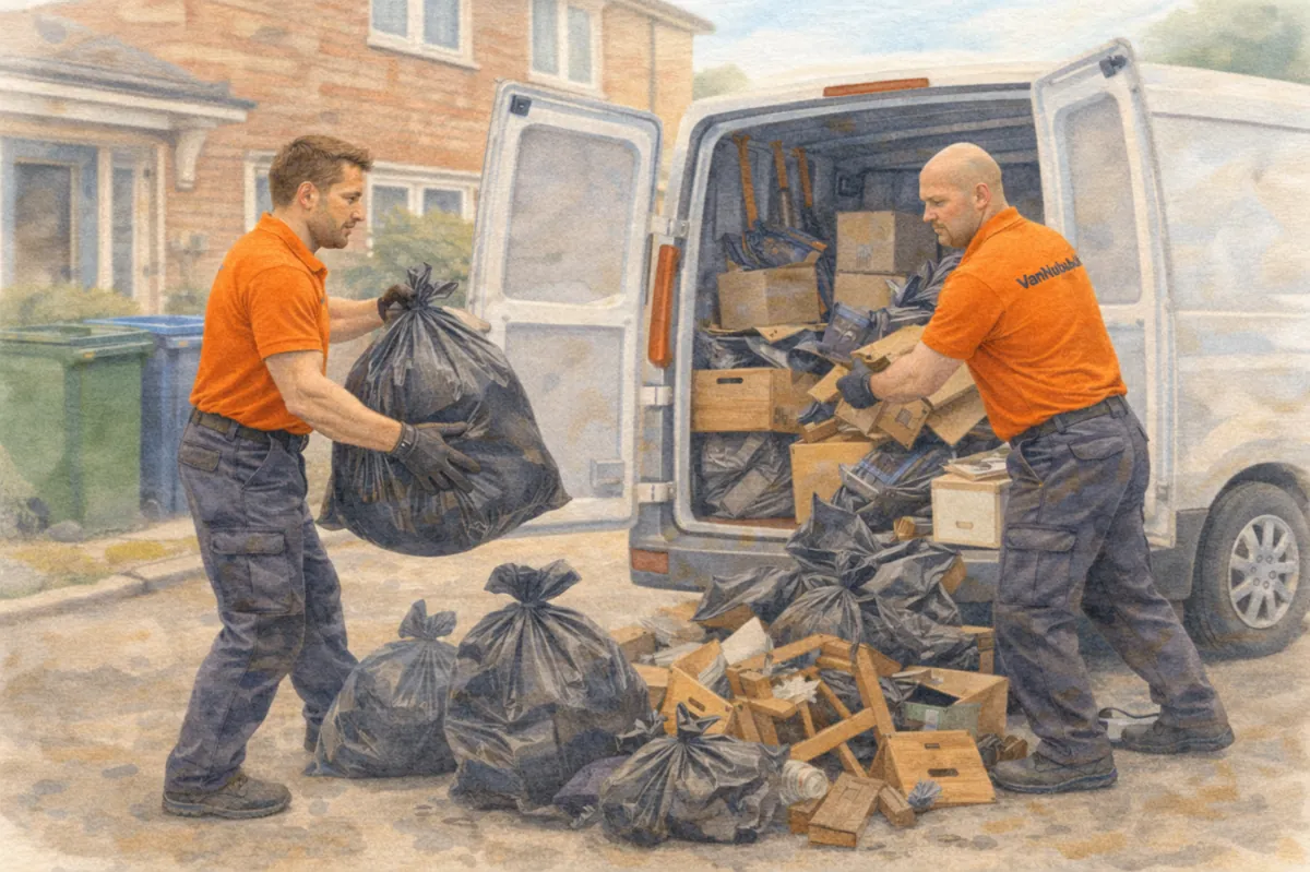 men load general hosehold waste into a van ready for transport to the tip