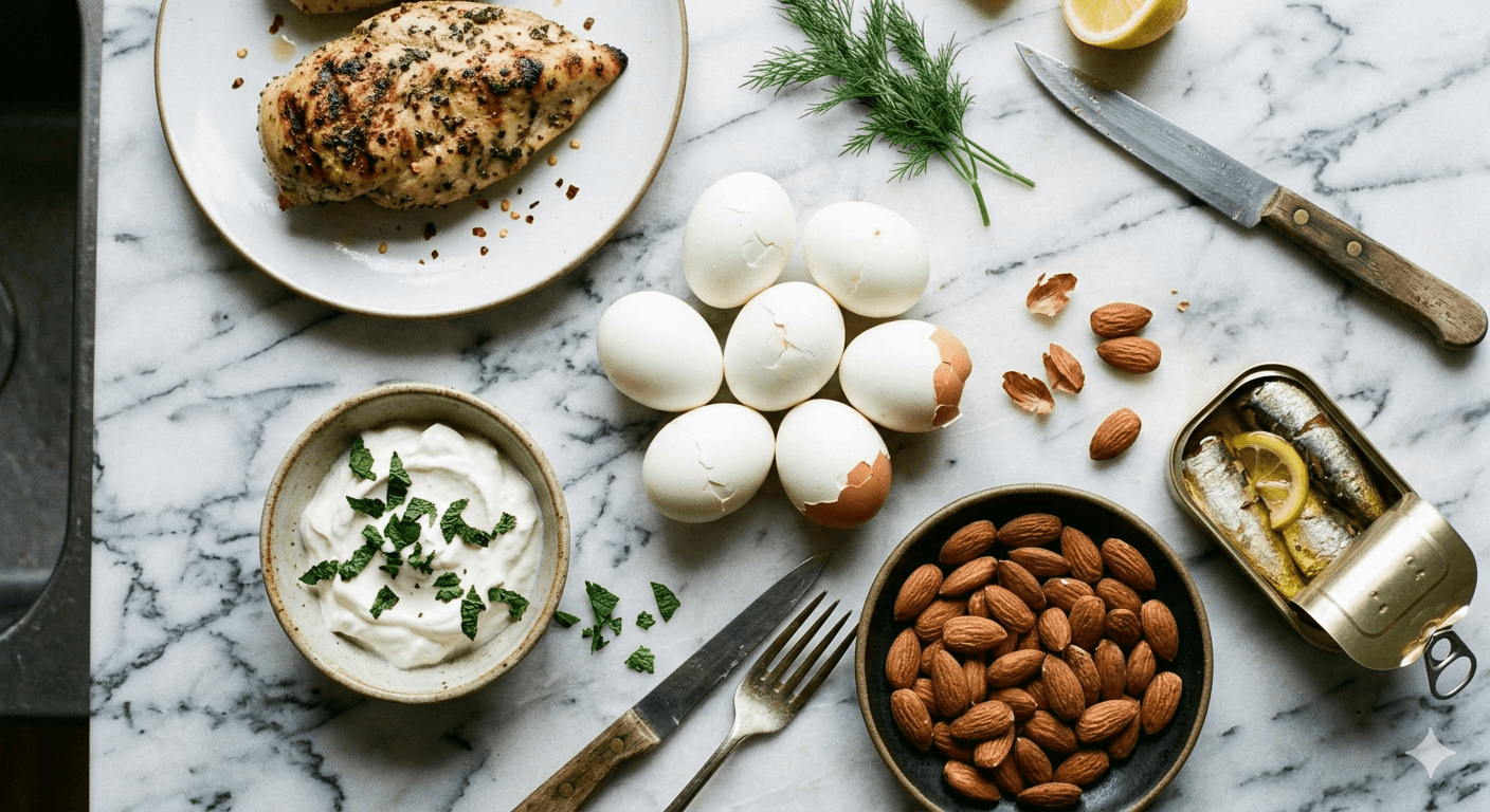 Variety of protein-rich foods laid out without measuring equipment — eating enough protein without tracking