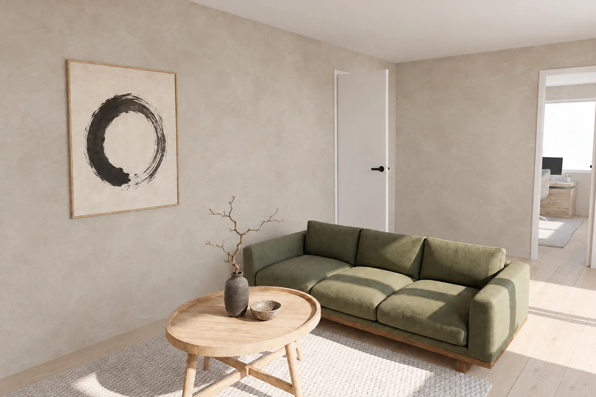Living room rendered in a japandi style with the same custom sofa