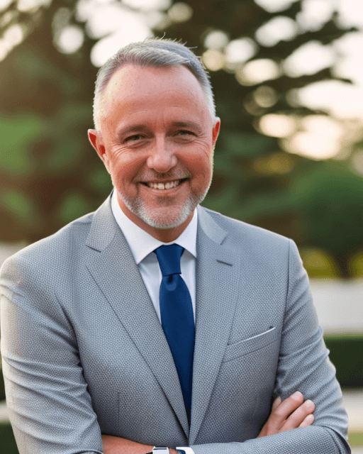 A smiling man with grey hair and a beard, dressed in a light grey suit and blue tie, stands outdoors with trees blurred in the background.