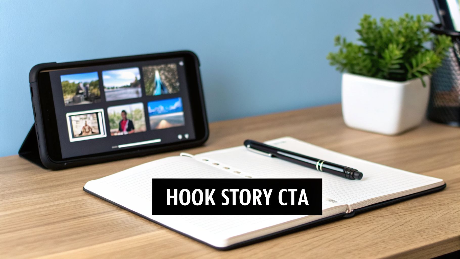 A smartphone displaying video thumbnails, an open notebook with a pen, and a plant on a wooden desk. Text: HOOK STORY CTA.