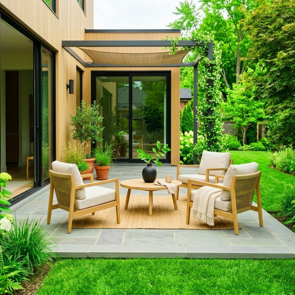 Residential lawn care at dusk in New York — manicured front yard with glowing home exterior.