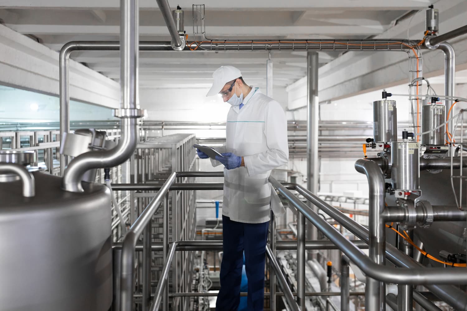 Technician with protective gear holding a tablet while inspecting dairy products.