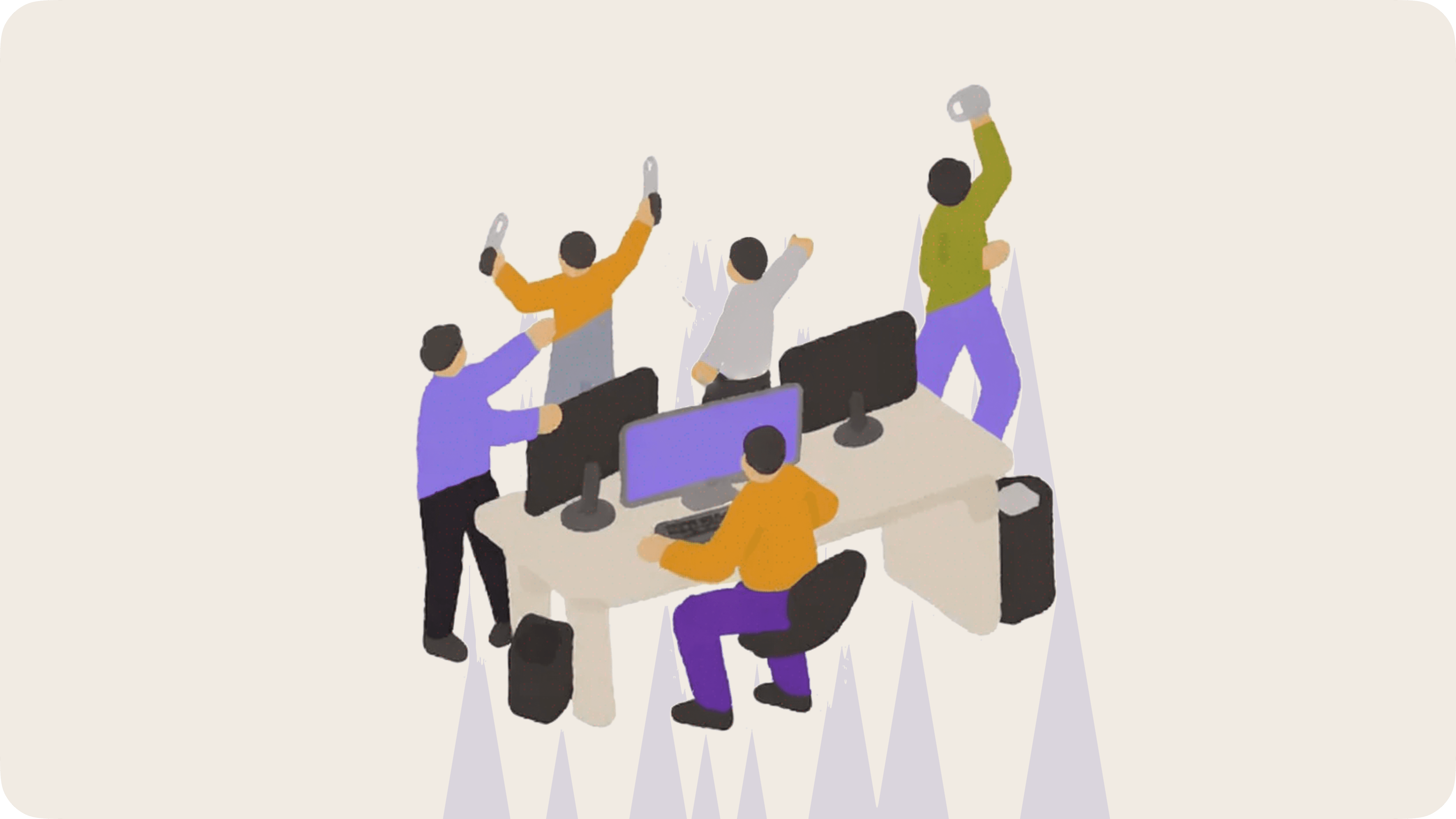 AI image using Blunge: Illustration of a team collaborating at workstations, representing AI-powered digital branding and content creation workflow.