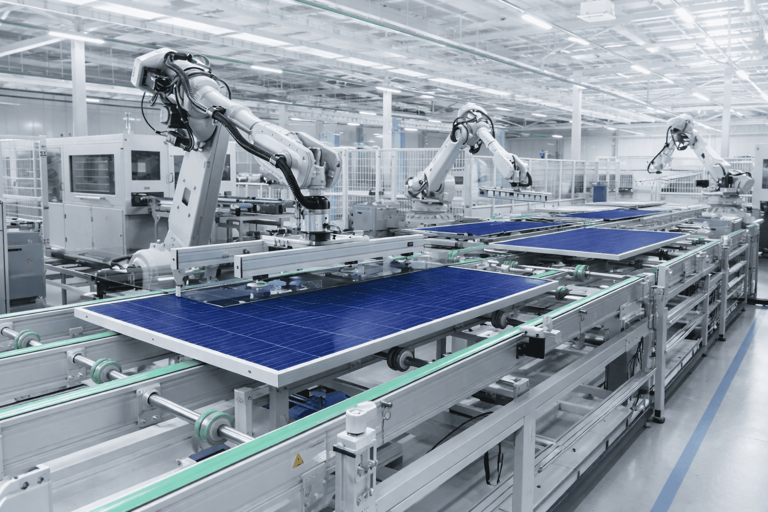 Automated photovoltaic panel manufacturing line with robotic systems in solar module production facility