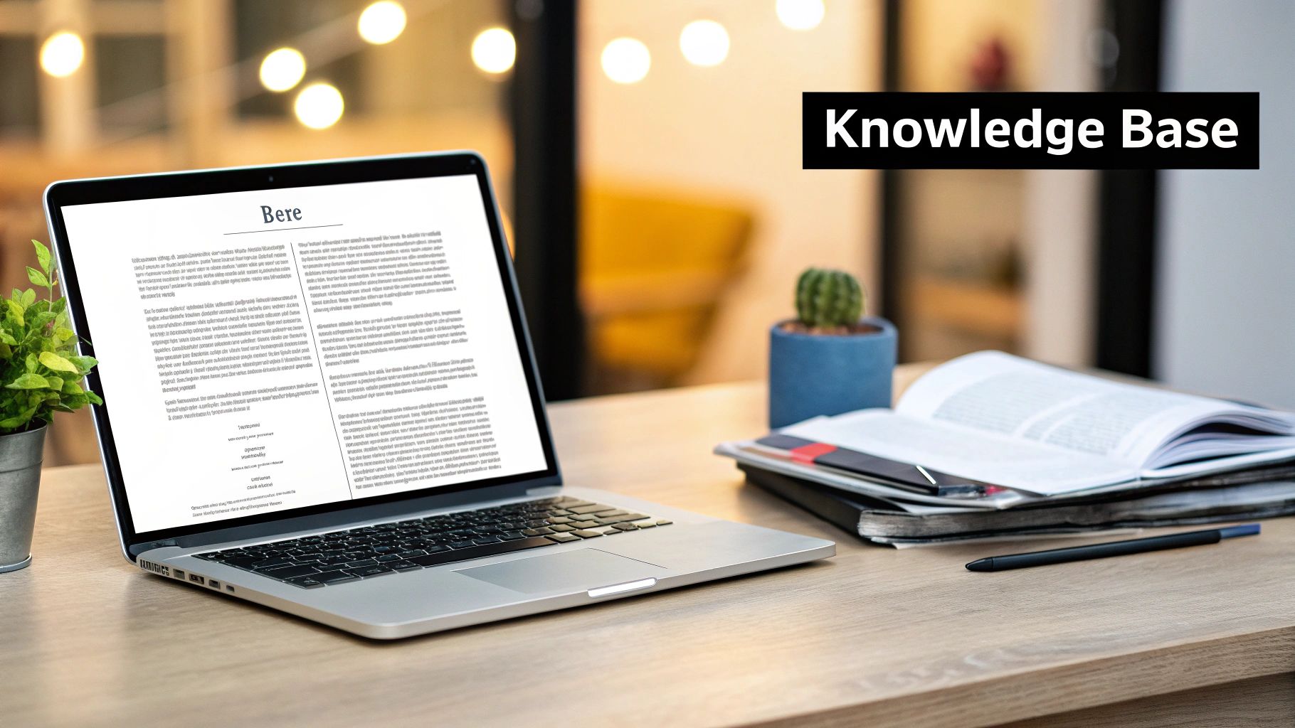 A laptop displaying text, an open book, and a plant on a desk, with 'Knowledge Base' overlay.