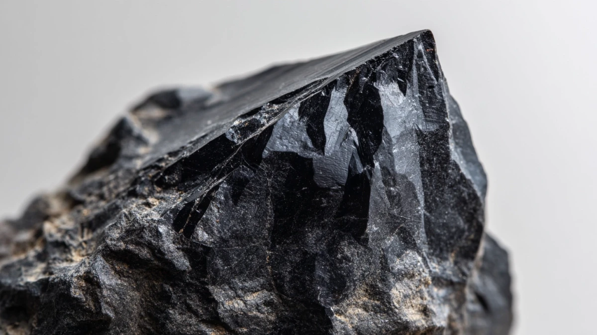 Sharp edge of black obsidian showing conchoidal fracture pattern