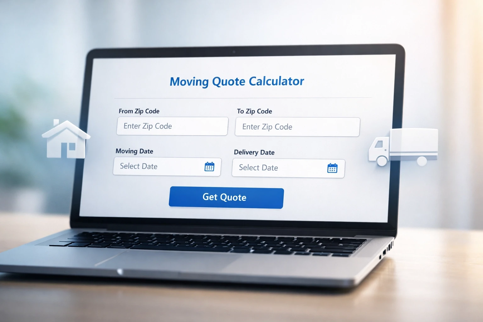 Online moving quote calculator on laptop screen showing simple form for instant estimates without personal info